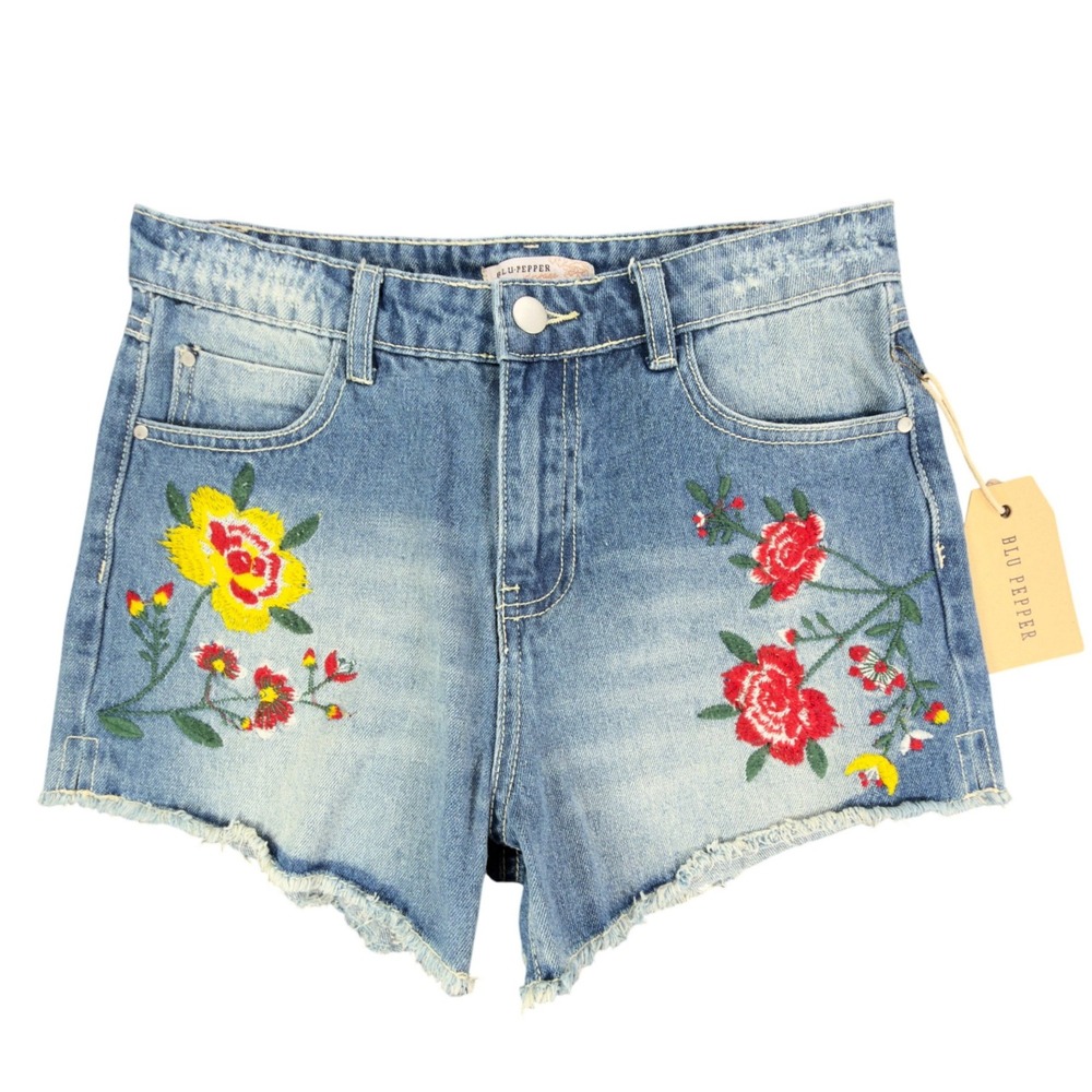 Blu Pepper Modern Floral Embroidered Denim Shorts Womens S Blue NWT